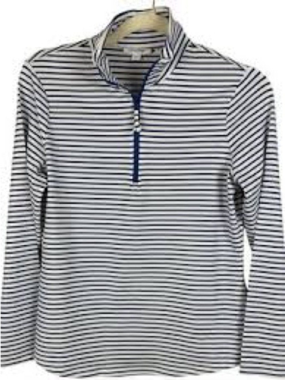 Chico's Black & White Striped Quarter-Zip Long Sleeve Top